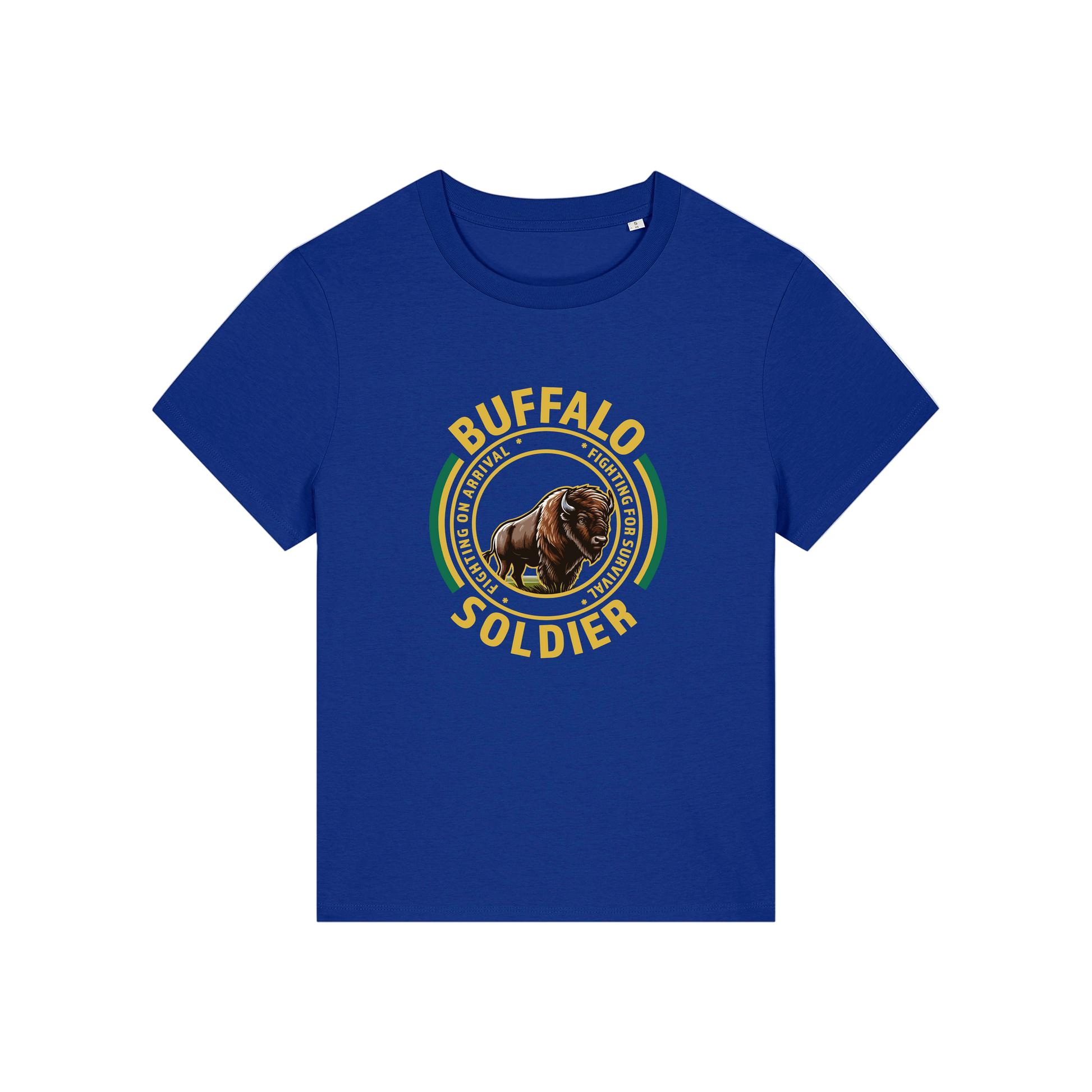 blue music t-shirt with the graphic of a buffalo and the slogan 'buffalo soldier'