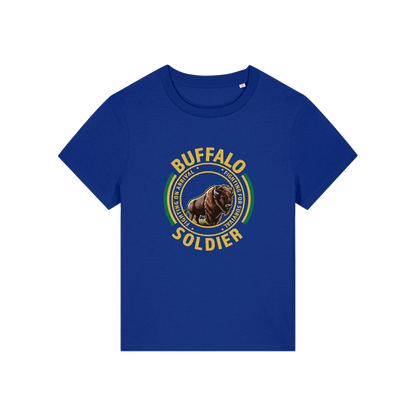 blue music t-shirt with the graphic of a buffalo and the slogan 'buffalo soldier'