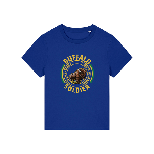 blue music t-shirt with the graphic of a buffalo and the slogan 'buffalo soldier'