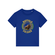 blue music t-shirt with the graphic of a buffalo and the slogan 'buffalo soldier'