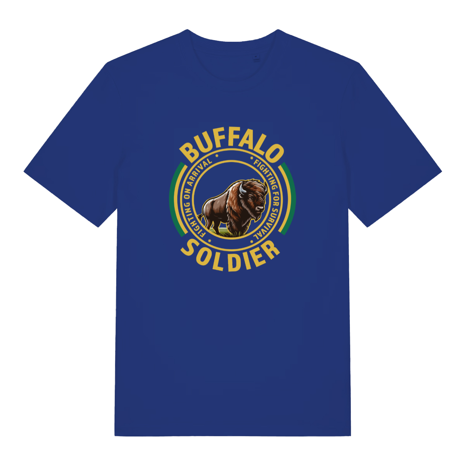 blue women's music t-shirt with the graphic of a buffalo and the slogan 'buffalo soldier'