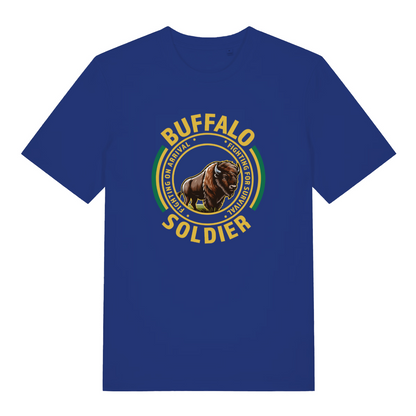 blue women's music t-shirt with the graphic of a buffalo and the slogan 'buffalo soldier'