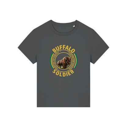grey music t-shirt with the graphic of a buffalo and the slogan 'buffalo soldier'