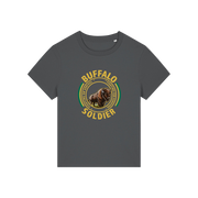 grey music t-shirt with the graphic of a buffalo and the slogan 'buffalo soldier'