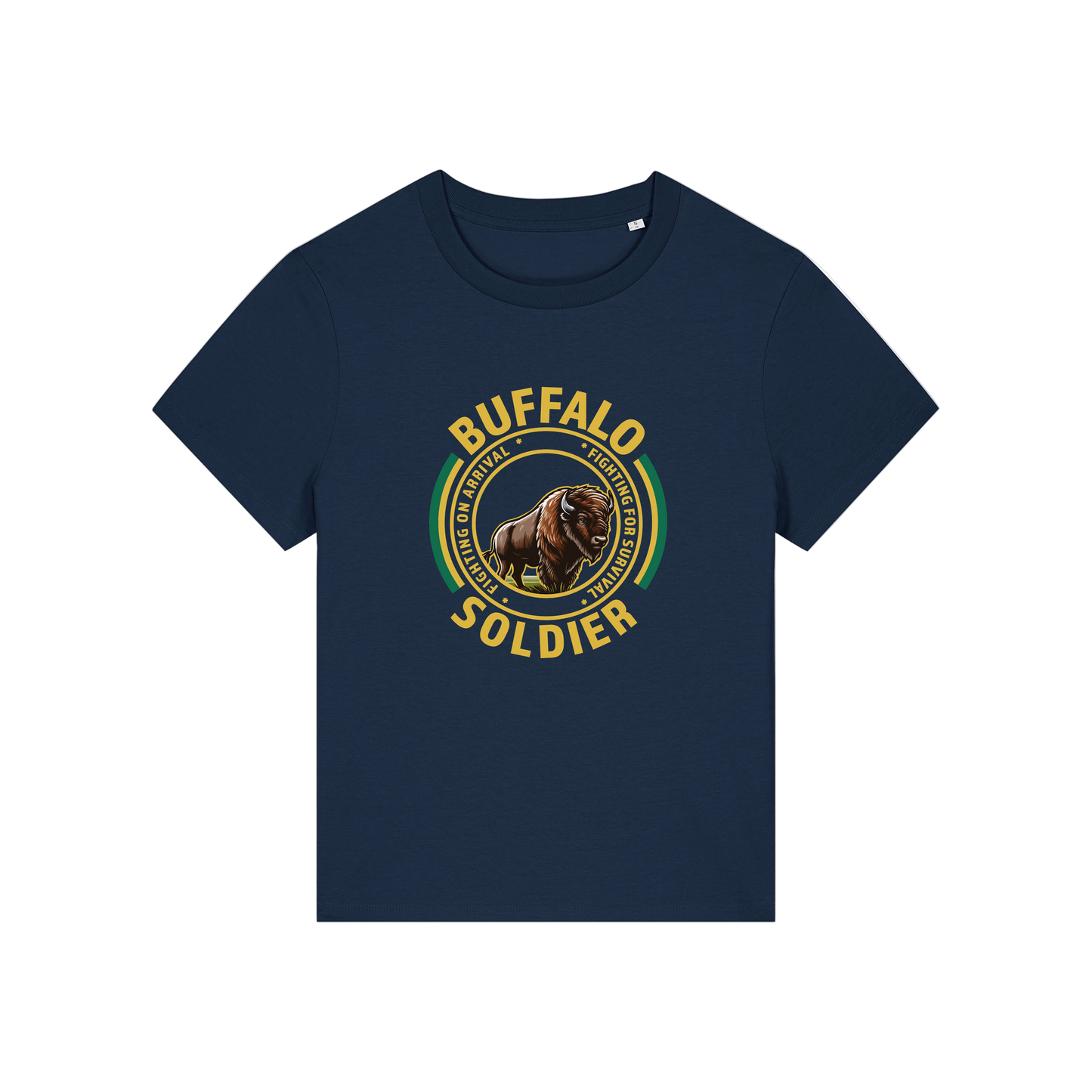 navy music t-shirt with the graphic of a buffalo and the slogan 'buffalo soldier'