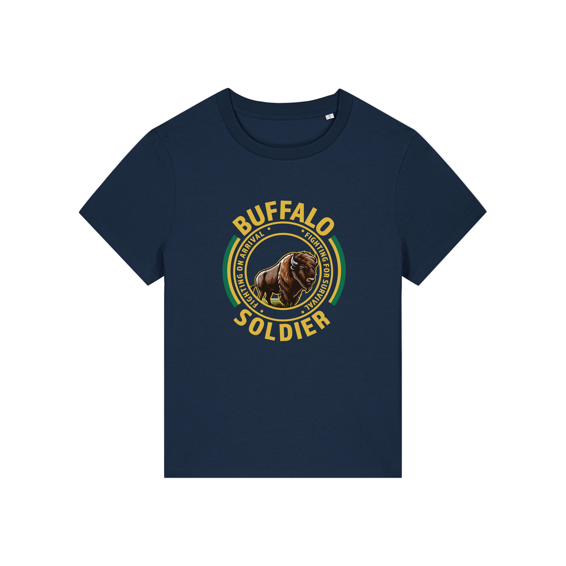 navy music t-shirt with the graphic of a buffalo and the slogan 'buffalo soldier'