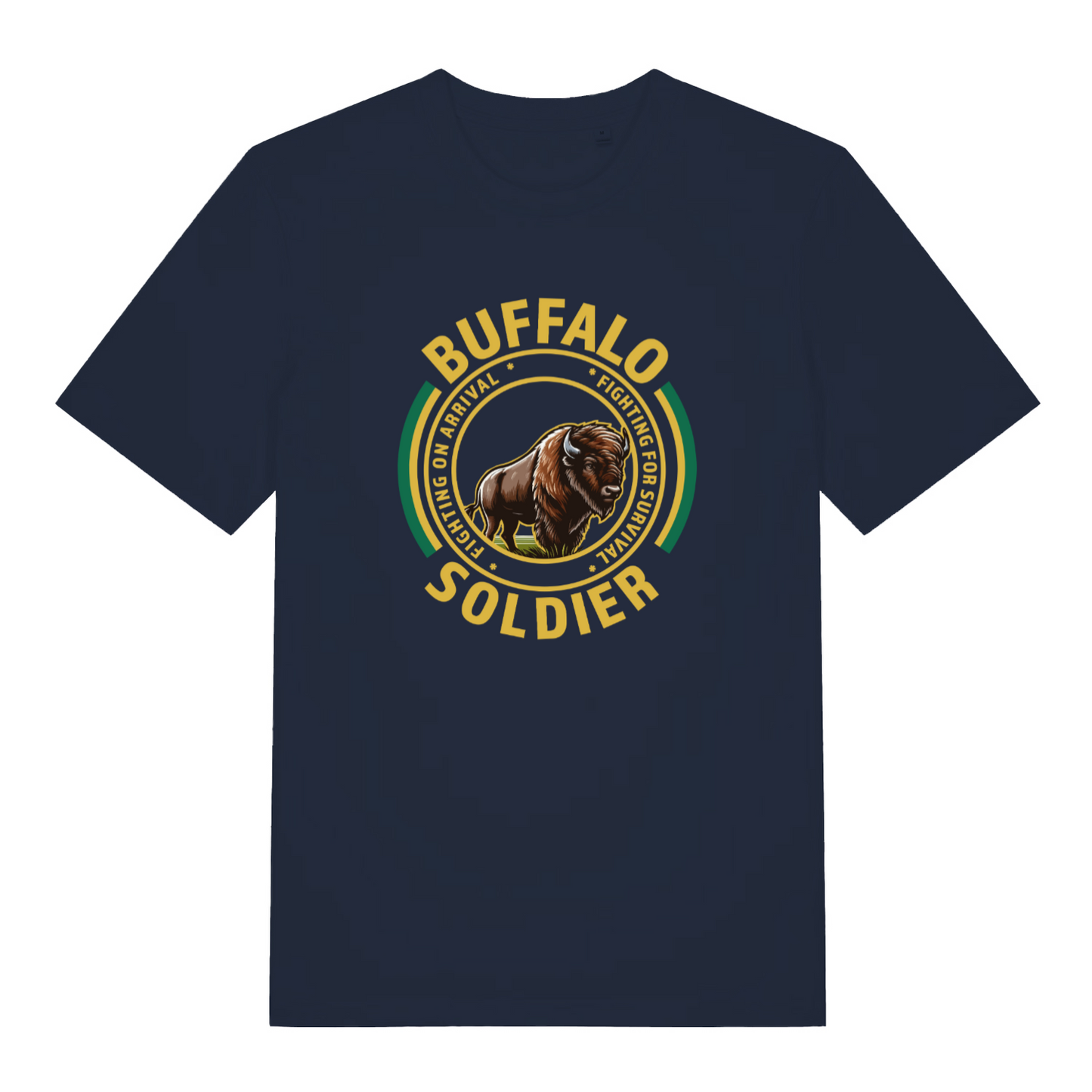 navy women's music t-shirt with the graphic of a buffalo and the slogan 'buffalo soldier'