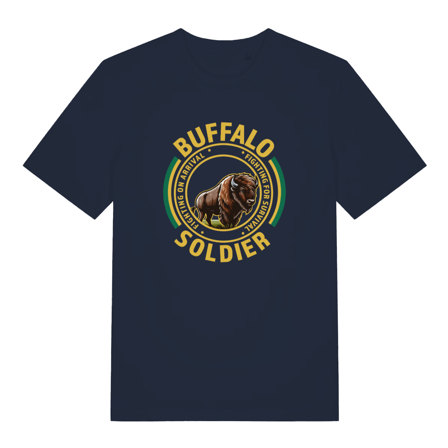 navy women's music t-shirt with the graphic of a buffalo and the slogan 'buffalo soldier'