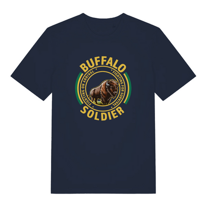 navy women's music t-shirt with the graphic of a buffalo and the slogan 'buffalo soldier'