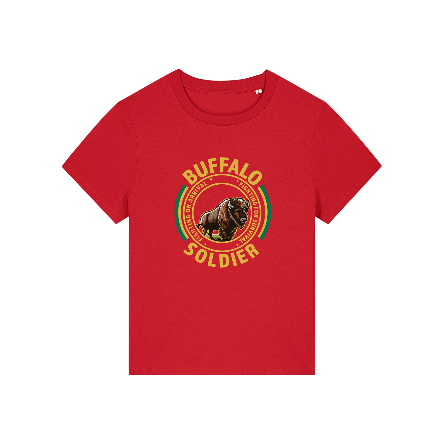 red music t-shirt with the graphic of a buffalo and the slogan 'buffalo soldier'