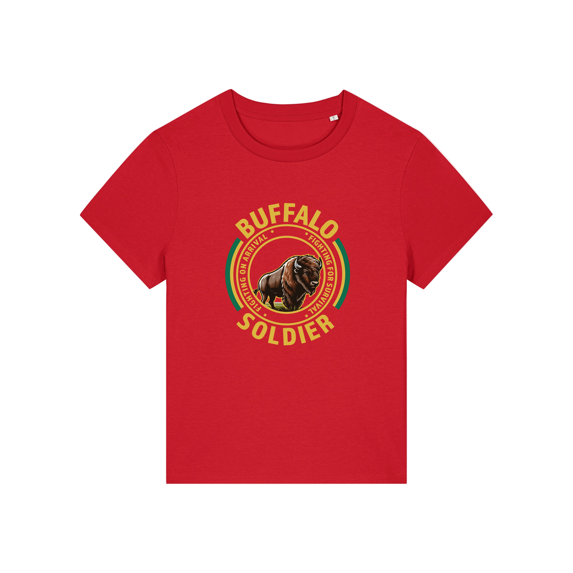 red music t-shirt with the graphic of a buffalo and the slogan 'buffalo soldier'