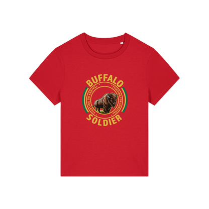red music t-shirt with the graphic of a buffalo and the slogan 'buffalo soldier'