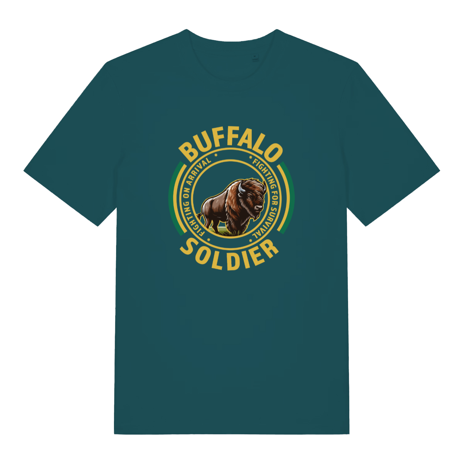 teal women's music t-shirt with the graphic of a buffalo and the slogan 'buffalo soldier'
