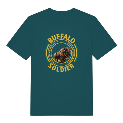 teal women's music t-shirt with the graphic of a buffalo and the slogan 'buffalo soldier'