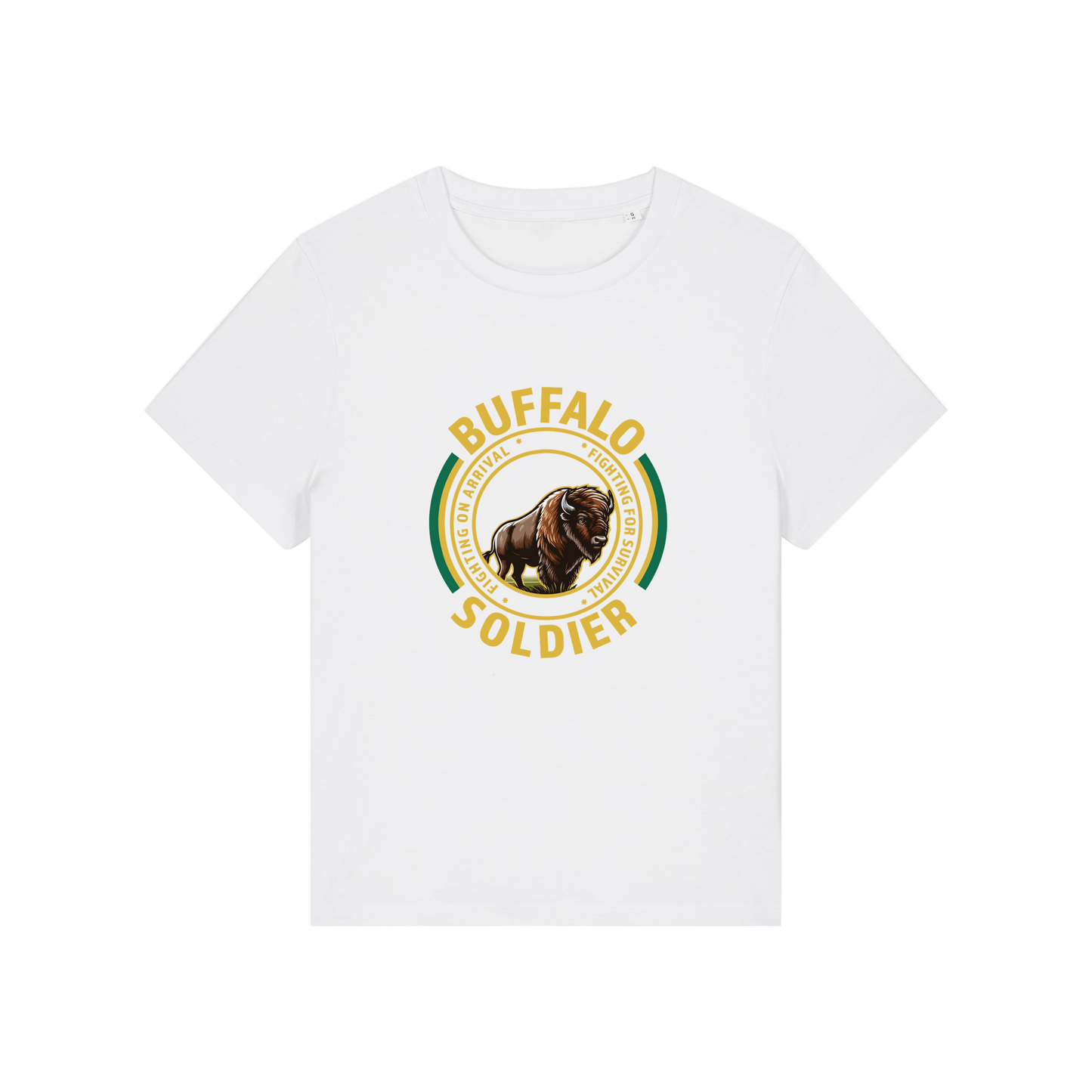 white music t-shirt with the graphic of a buffalo and the slogan 'buffalo soldier'