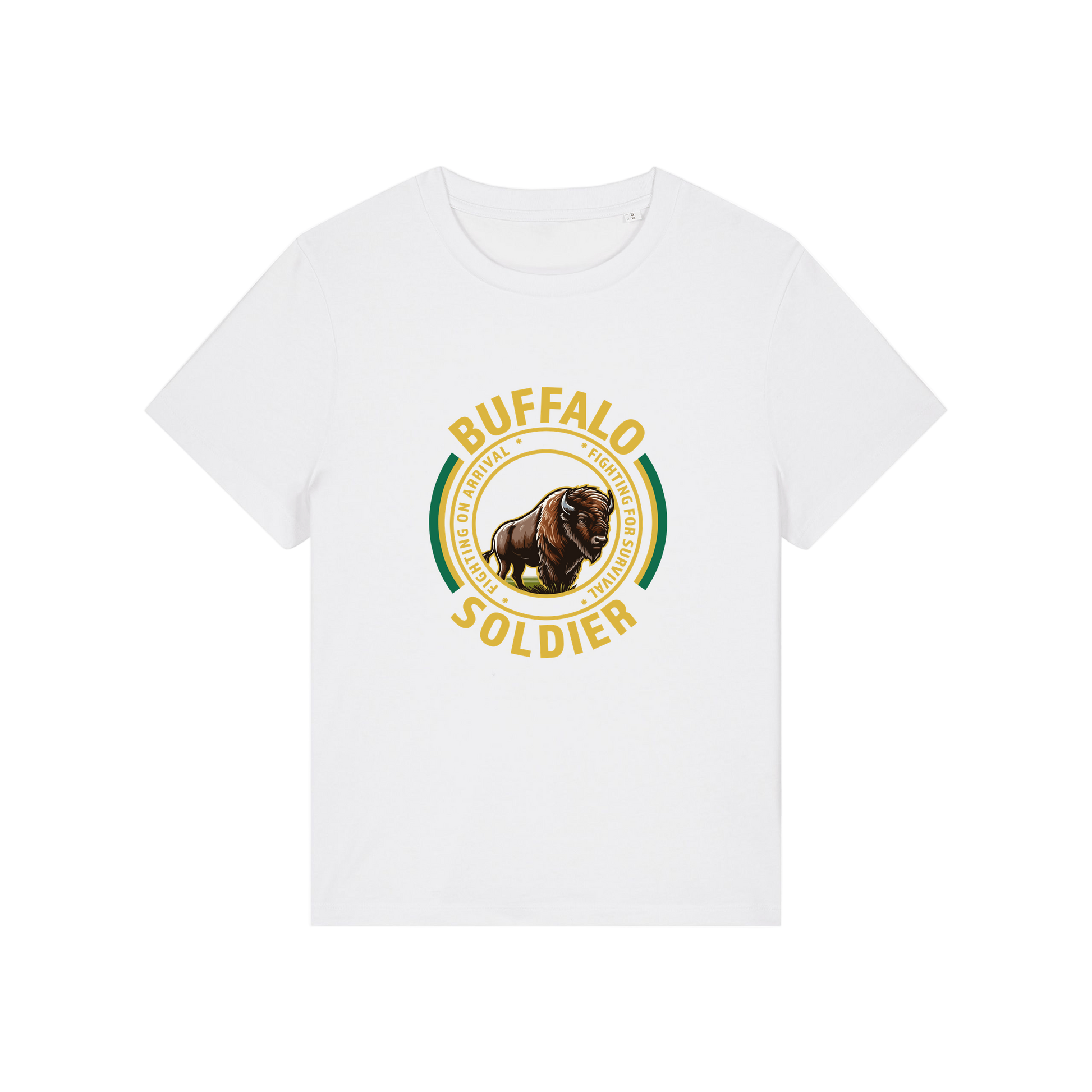 white music t-shirt with the graphic of a buffalo and the slogan 'buffalo soldier'