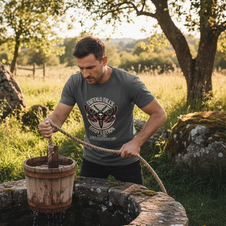 Man using a rope to pump water from an old stone well in a natural setting.