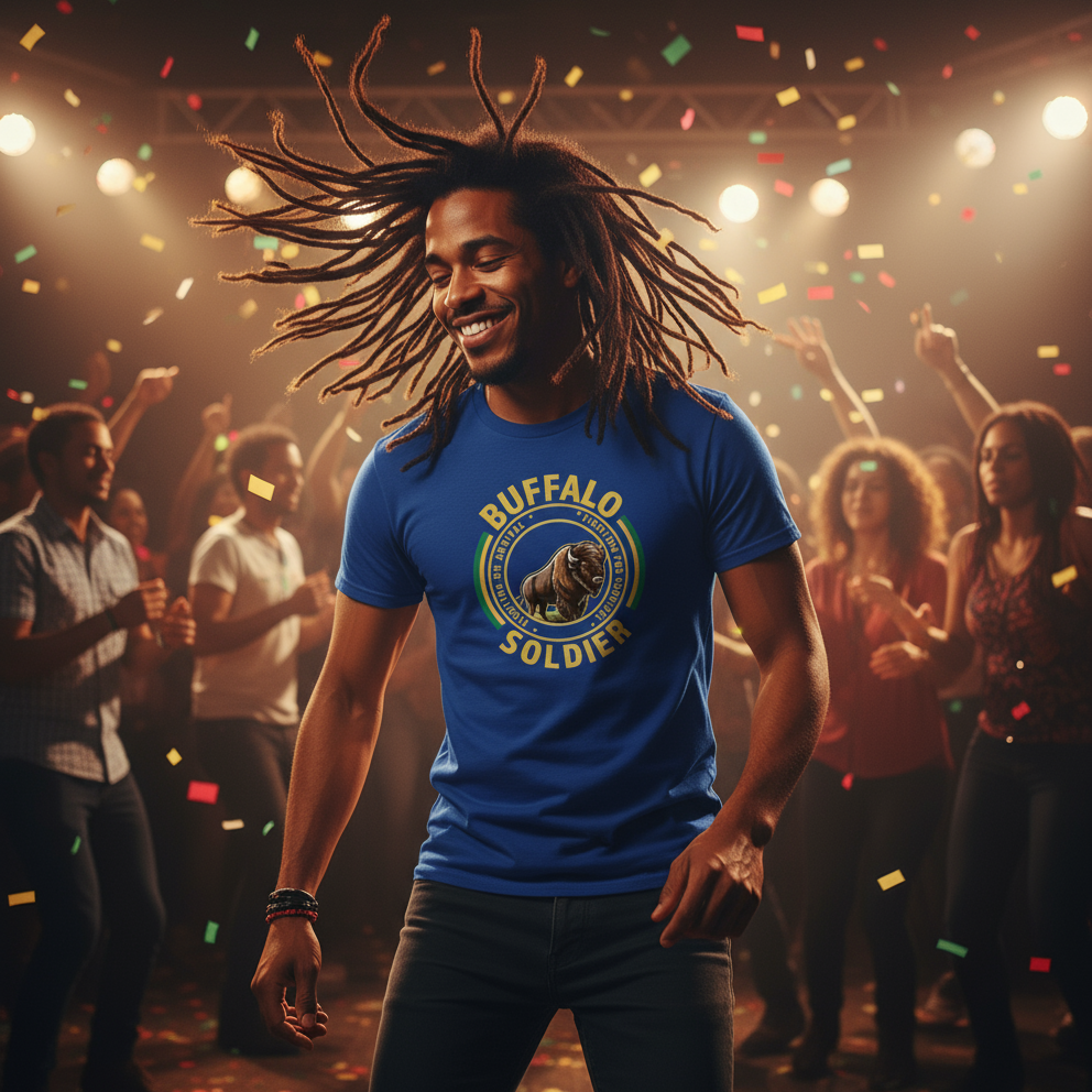 Man with dreadlocks wearing a blue t-shirt with 'Buffalo Soldier' design, dancing in front of a crowd with confetti.