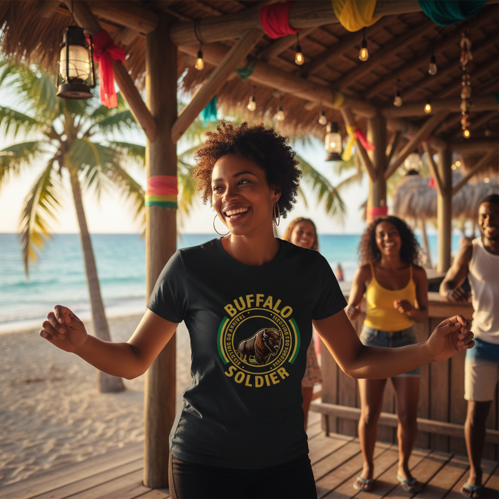 Woman wearing a 'Buffalo Soldier' t-shirt on a beach with palm trees and ocean in the background.