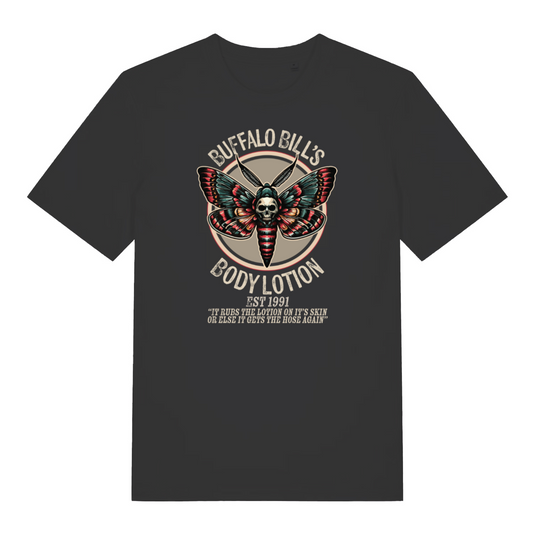 black movie t-shirt with the graphic of a moth and the slogan 'buffalo bills body lotion'