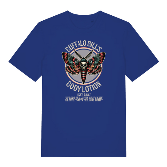 blue movie t-shirt with the graphic of a moth and the slogan 'buffalo bills body lotion'