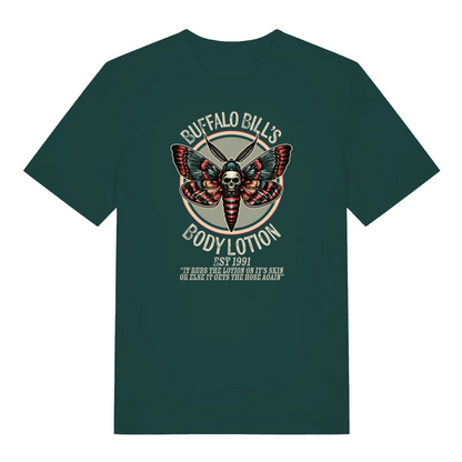 green movie t-shirt with the graphic of a moth and the slogan 'buffalo bills body lotion'