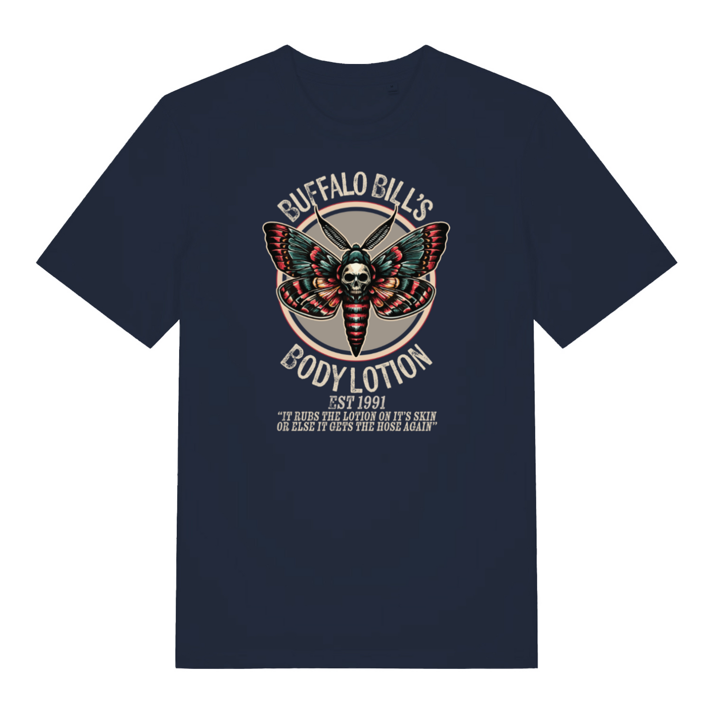 navy movie t-shirt with the graphic of a moth and the slogan 'buffalo bills body lotion'