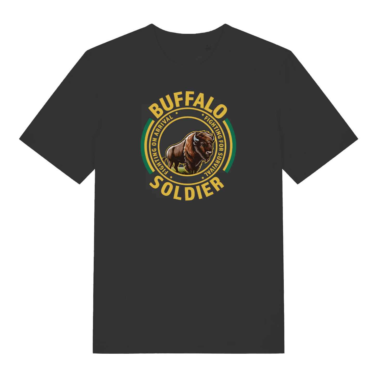 black music t-shirt with the graphic of a buffalo and the slogan 'buffalo soldier'