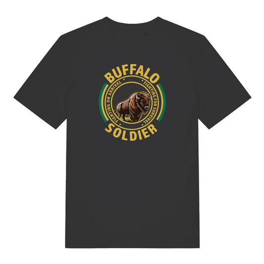 black music t-shirt with the graphic of a buffalo and the slogan 'buffalo soldier'