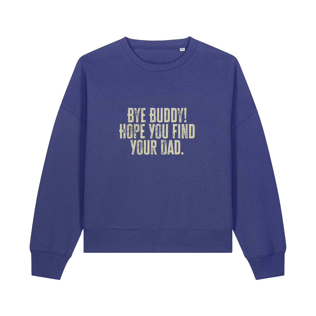 blue christmas jumper with the slogan 'by buddy hope you find your dad'