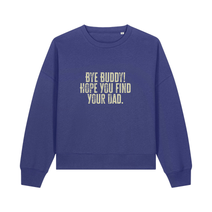 blue christmas jumper with the slogan 'by buddy hope you find your dad'
