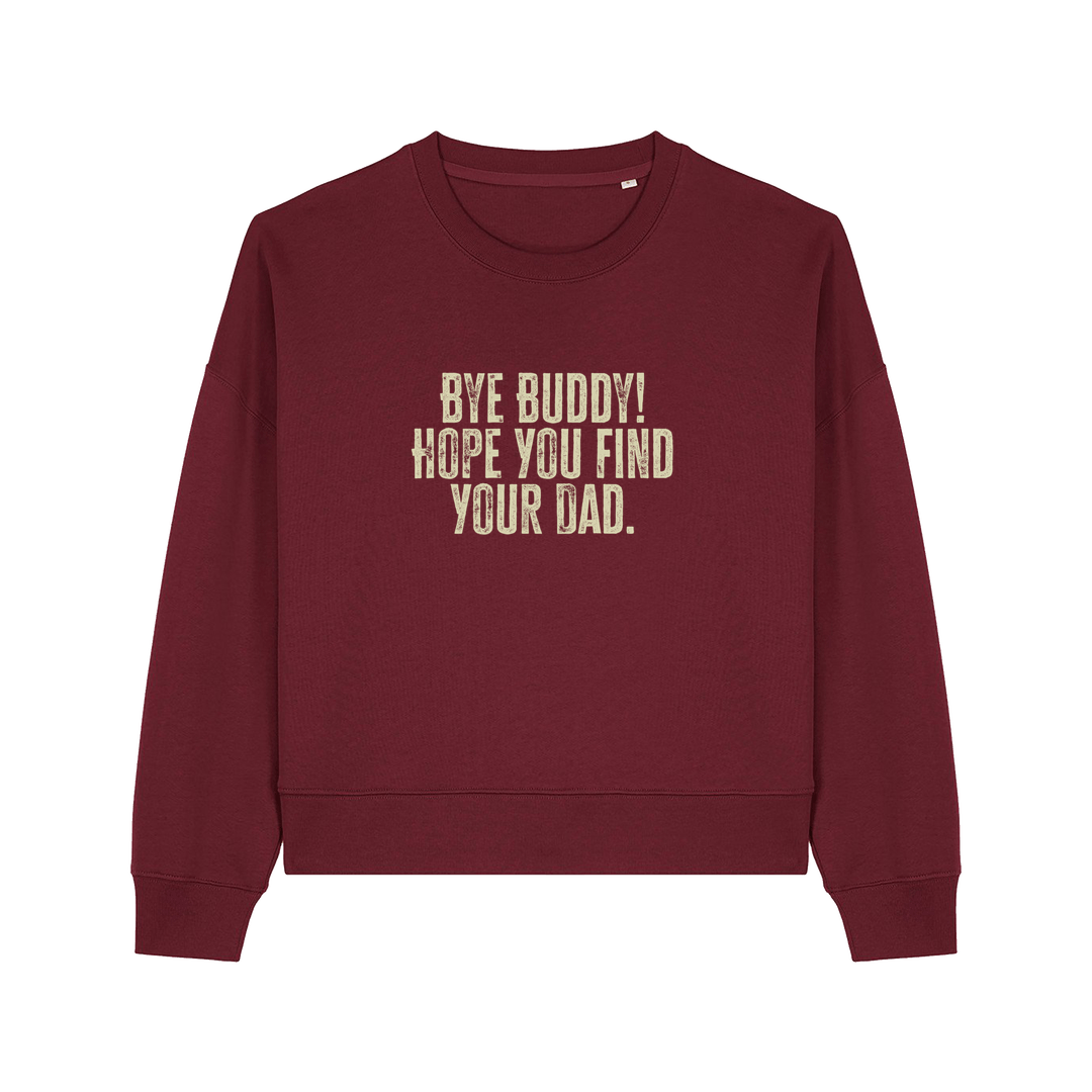 burgundy christmas jumper with the slogan 'by buddy hope you find your dad'