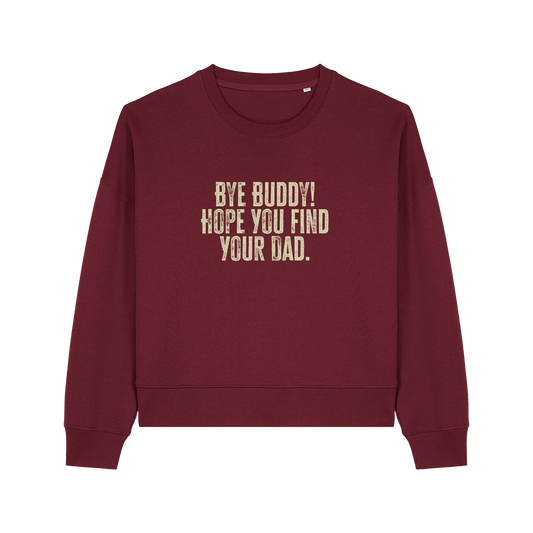 burgundy christmas jumper with the slogan 'by buddy hope you find your dad'
