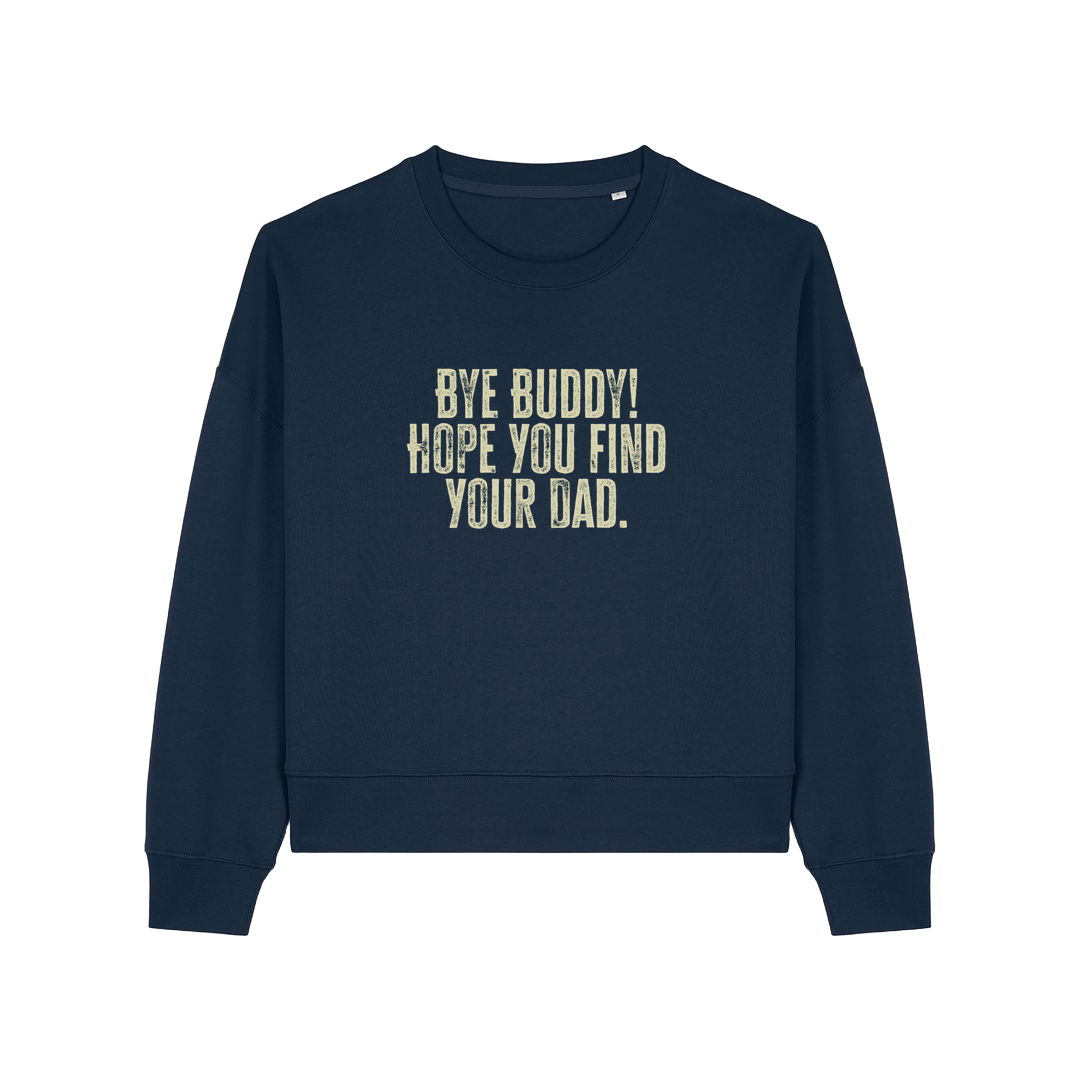 navy christmas jumper with the slogan 'by buddy hope you find your dad'
