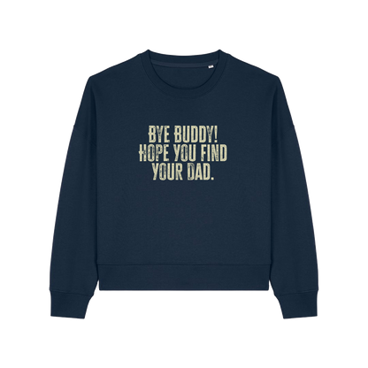 navy christmas jumper with the slogan 'by buddy hope you find your dad'