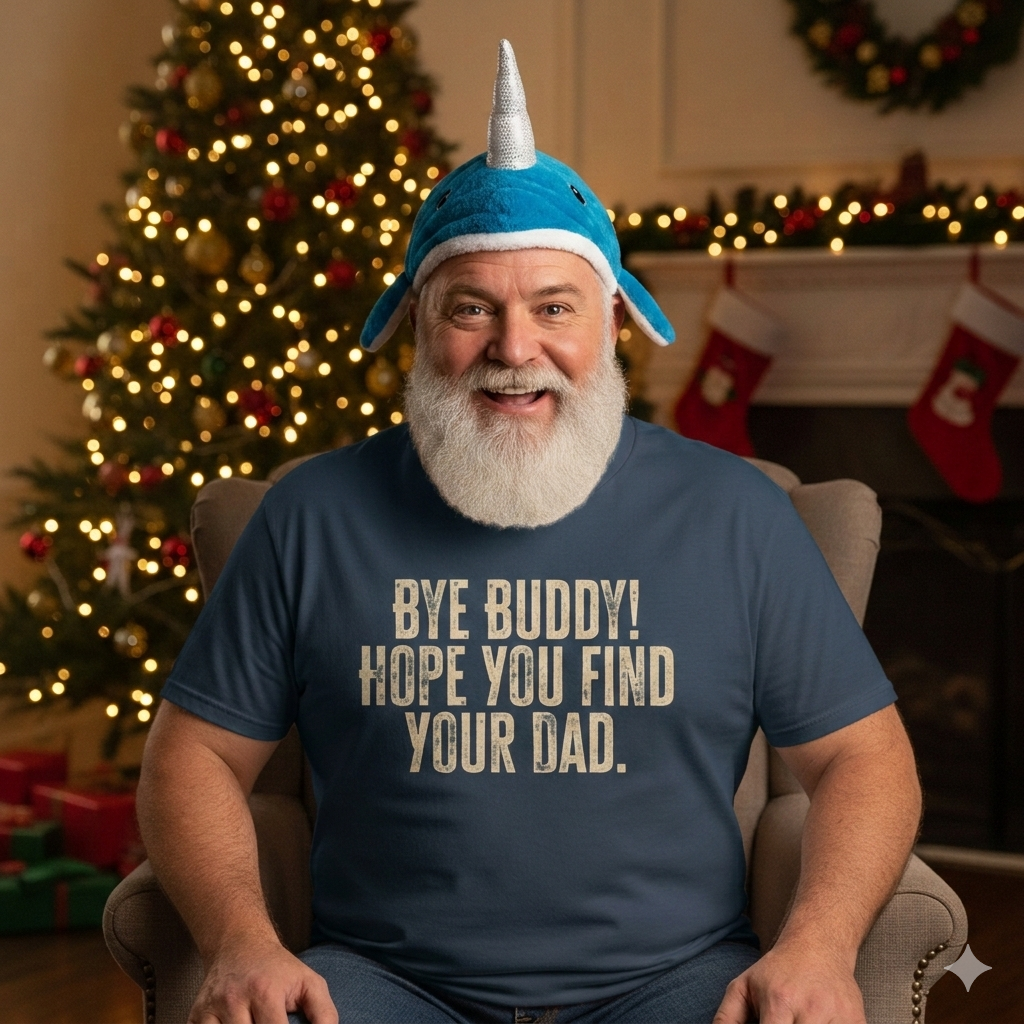 Man wearing a blue shirt with humorous text and a blue hat with a horn, sitting in front of a Christmas tree.