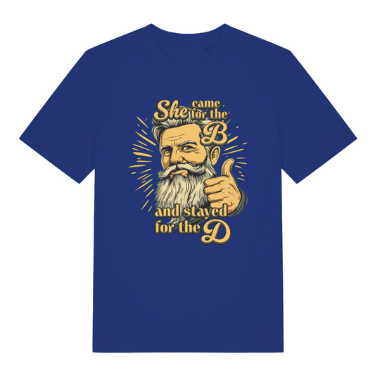 Blue Came For The B T-shirt flat lay featuring cheeky thumbs up beard design and innuendo text