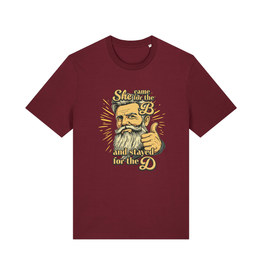 burgundy funny offensive t-shirt with the graphic of a man and the text 'she came for the b and stayed for the d'