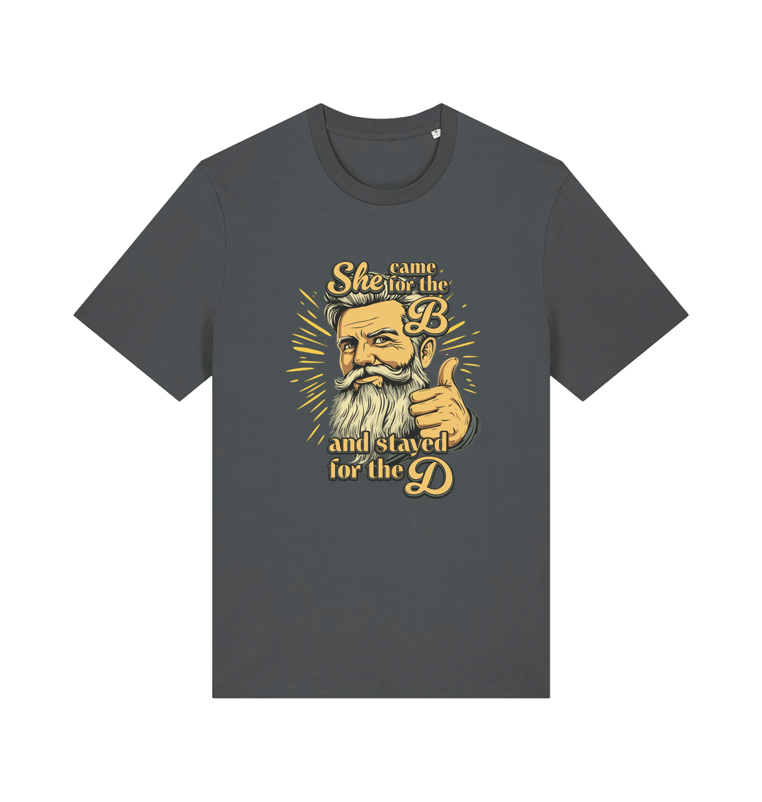 gray funny offensive t-shirt with the graphic of a man and the text 'she came for the b and stayed for the d'