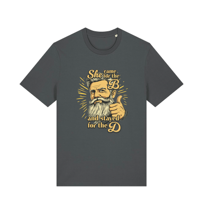 gray funny offensive t-shirt with the graphic of a man and the text 'she came for the b and stayed for the d'