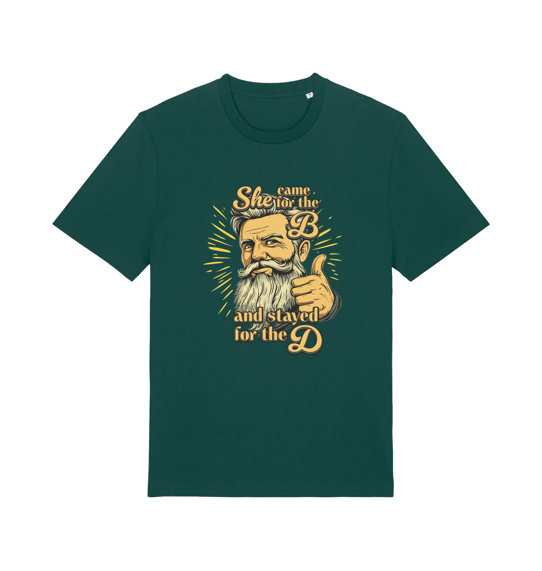 green funny offensive t-shirt with the graphic of a man and the text 'she came for the b and stayed for the d'
