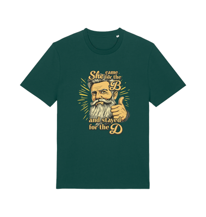 green funny offensive t-shirt with the graphic of a man and the text 'she came for the b and stayed for the d'