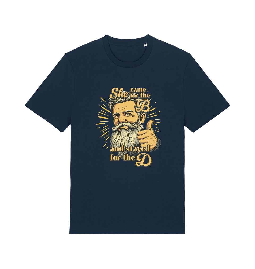 navy funny offensive t-shirt with the graphic of a man and the text 'she came for the b and stayed for the d'