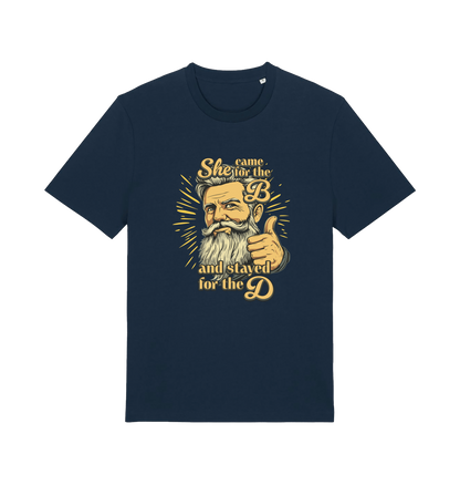 navy funny offensive t-shirt with the graphic of a man and the text 'she came for the b and stayed for the d'