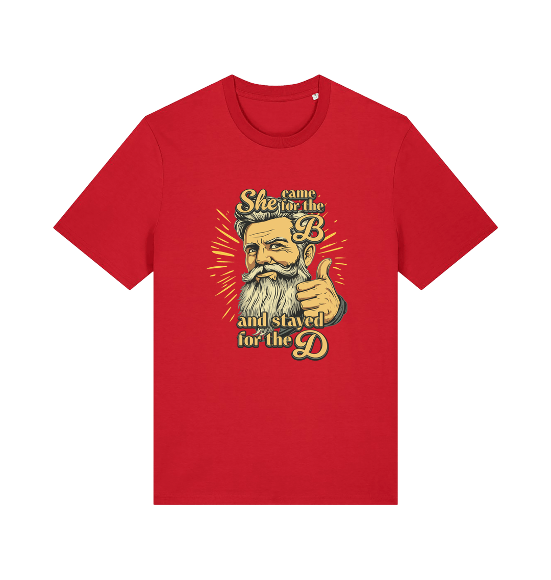 red funny offensive t-shirt with the graphic of a man and the text 'she came for the b and stayed for the d'