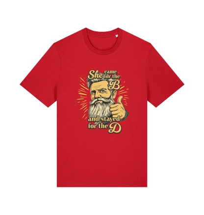 red funny offensive t-shirt with the graphic of a man and the text 'she came for the b and stayed for the d'