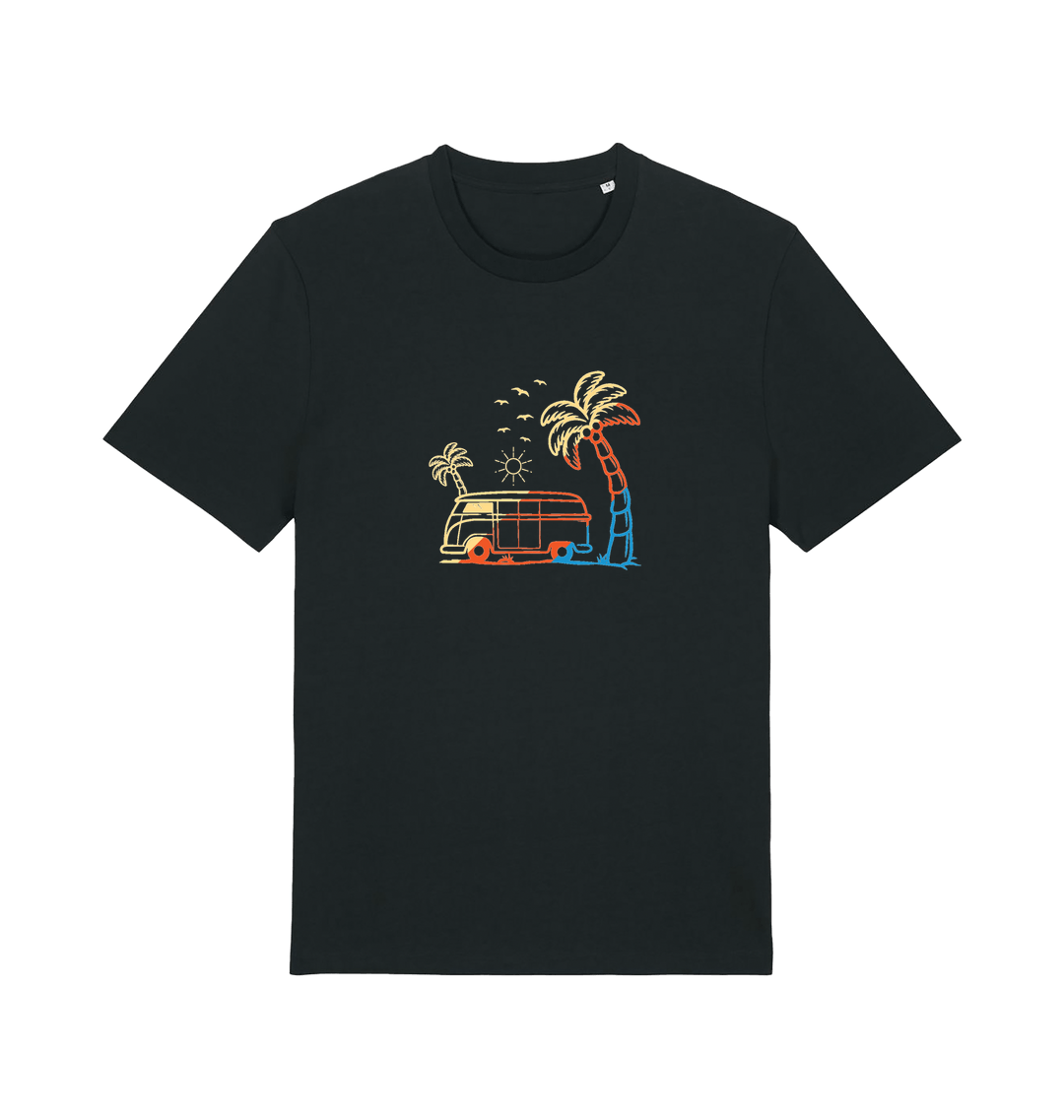 black graphic t-shirt with a picture of a campervan and palm tee