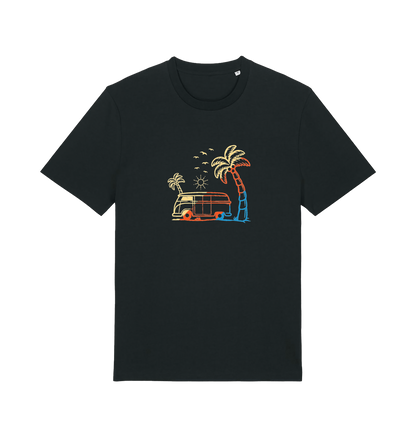 black graphic t-shirt with a picture of a campervan and palm tee