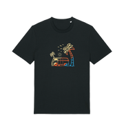 black graphic t-shirt with a picture of a campervan and palm tee