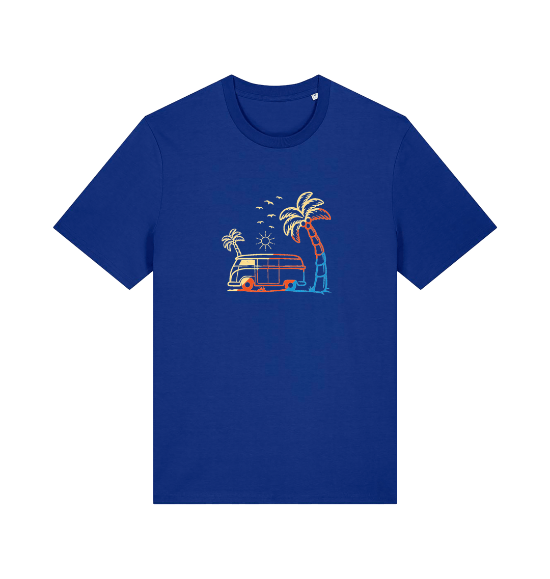 blue graphic t-shirt with a picture of a campervan and palm tee